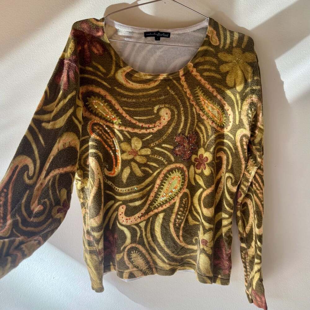 Green Paisley Sequin Sweater Top
